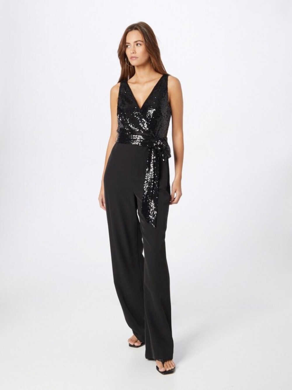 NWT Bebe Black Sequin Wrap Front Wide Leg Jumpsuit Size S